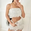 Women's Sequins Tassel Skirts Outfits Sleeveless Crop Top Sling Vest Fringe Skirt Summer Outfits Dance Rave Party Clubwear 6