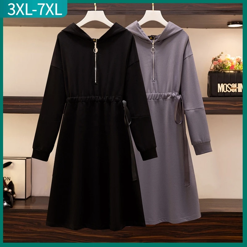 

New 2023 Autumn Winter Plus Size Hoodie Dress For Women Large Size Long Sleeve Cotton Black Gray Midi Dress 3XL 4XL 5XL 6XL 7XL