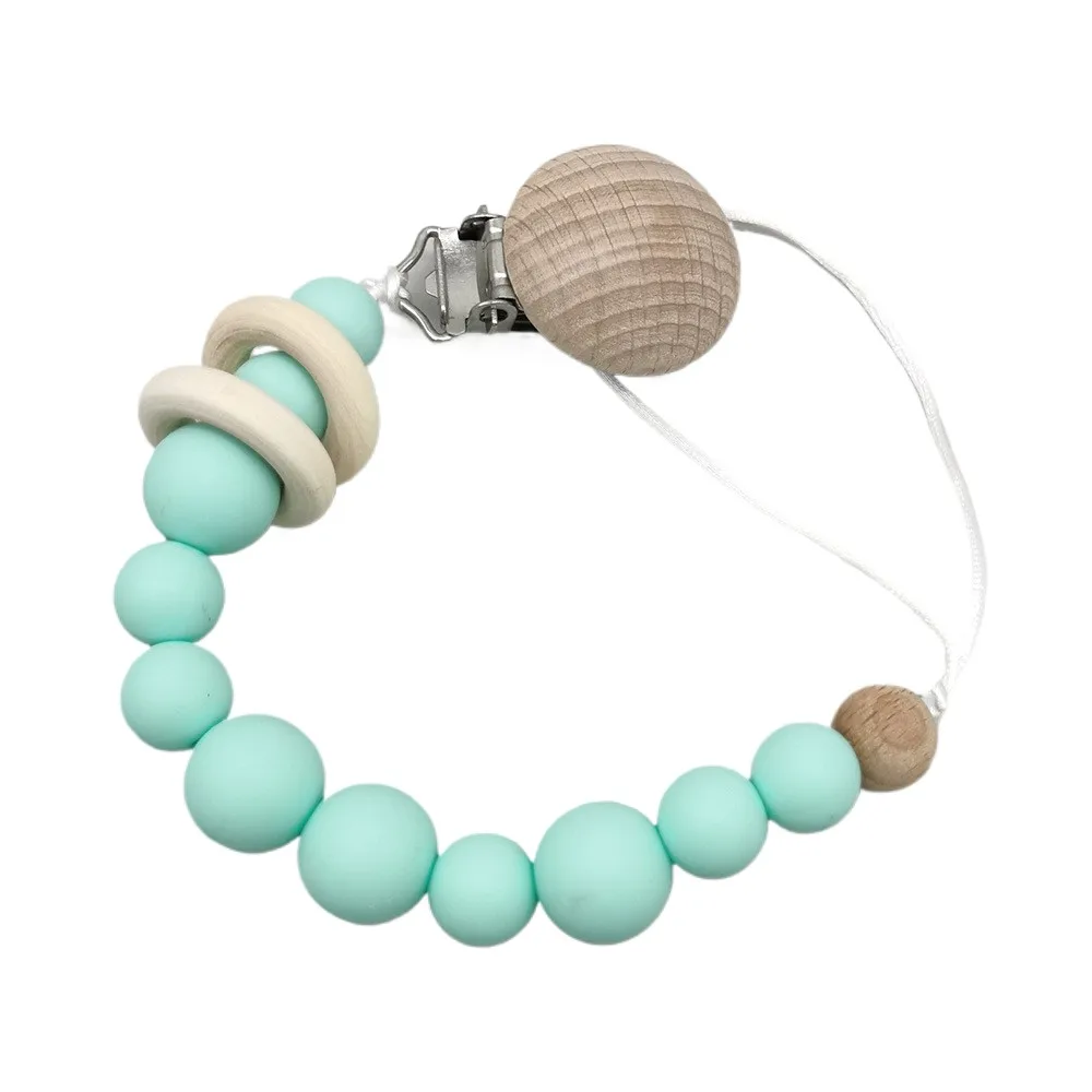 Silicone Beads Pacifier Clip with Wooden Ring Baby Dummy Holder Leash Pacifier Chain Anti-Lost Soother Accessory for Infants