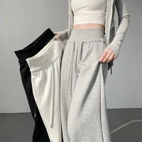 High Waist Grey American Style Sports Pants Women's Spring Autumn Tummy Control Casual Wide Leg Straight Loose Floor Length S...