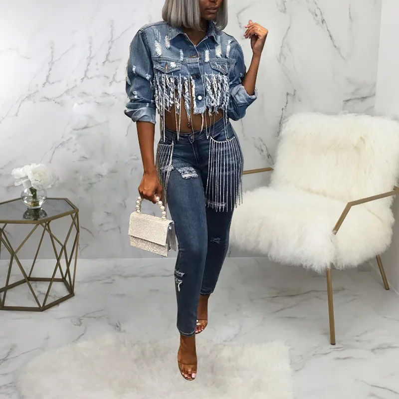 Tassel Ripped Cropped Jean Jacket Women Autumn Vintage Chain Long Sleeve Denim Jacket Streetwear Short Denim Coat Female Outwear