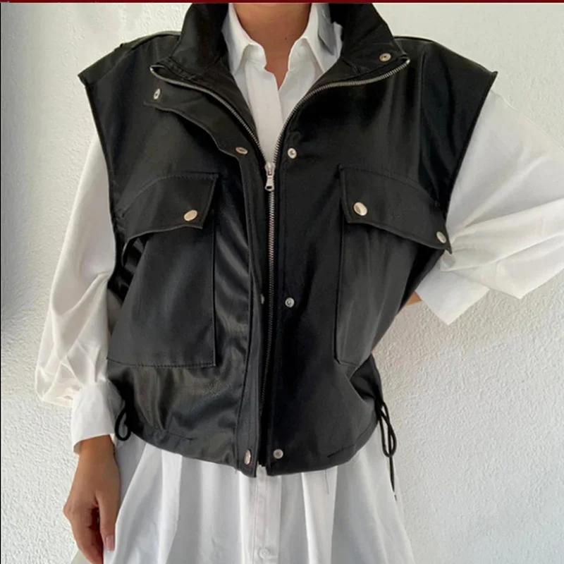 Sleeveless 2024 PU Leather Jacket Vest Women Black Zipper Autumn Winter Khaki Pocket Short Loose Waistcoat Leather Casual Coat summer vintage black blue denim vest women waistcoat frayed short sleeveless jacket coat plus size loose jeans vests female 5xl