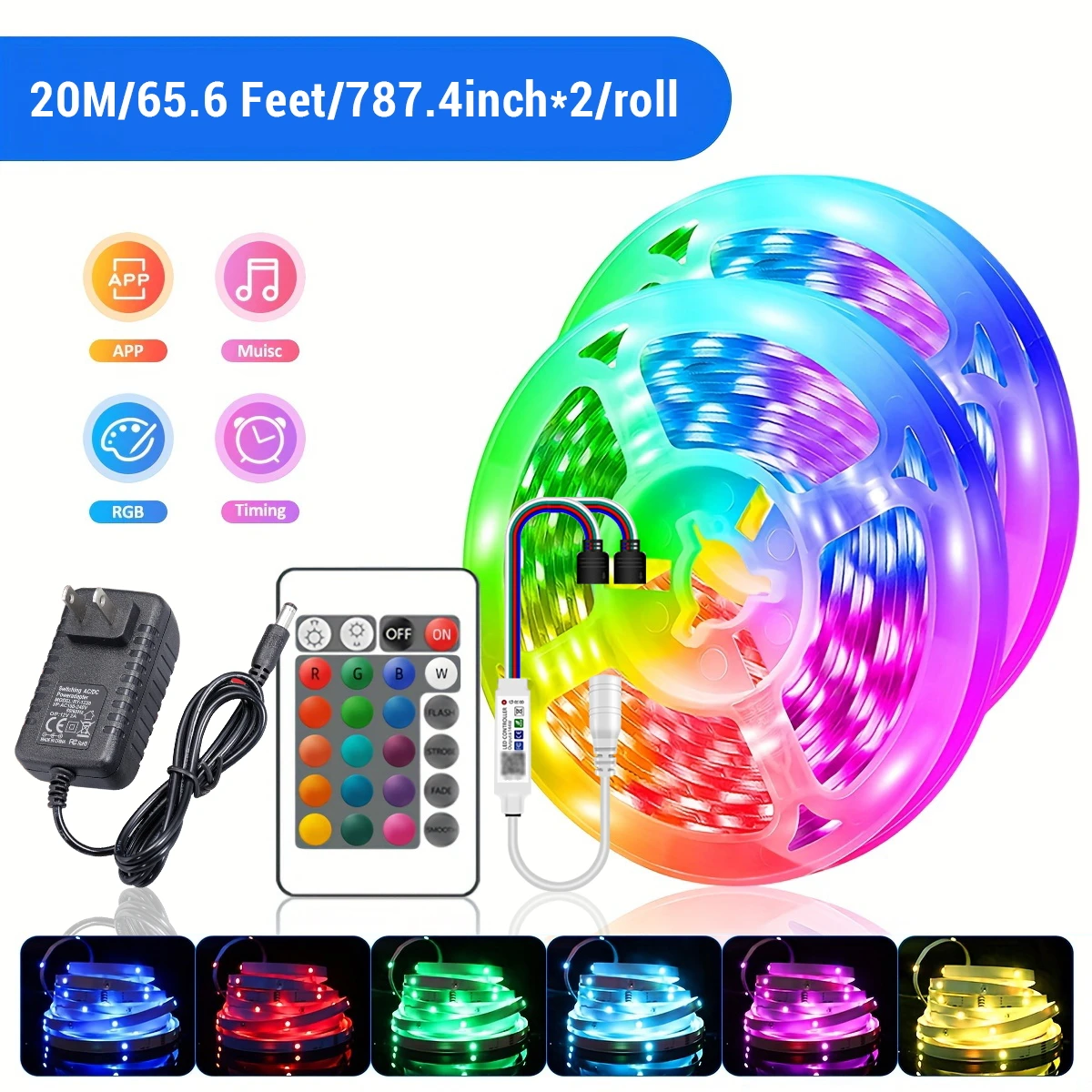 30LEDS/m  5050 RGB Light Strip Bluetooth App Control 12V DC US Power Supply LED Flexible Ribbon Diode Tape for TV Backlight Room 5