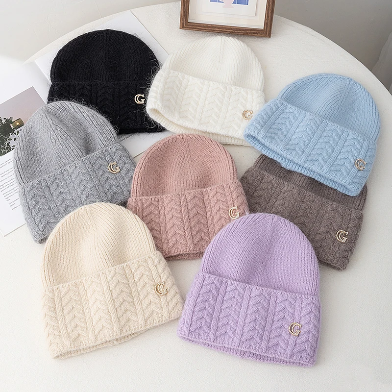 New Style Simple Dandy Winter Hat G Letter Decor Rabbit Fur Beanie Elegant Winter Hats For Women Candy Colors Warm Knit Hats