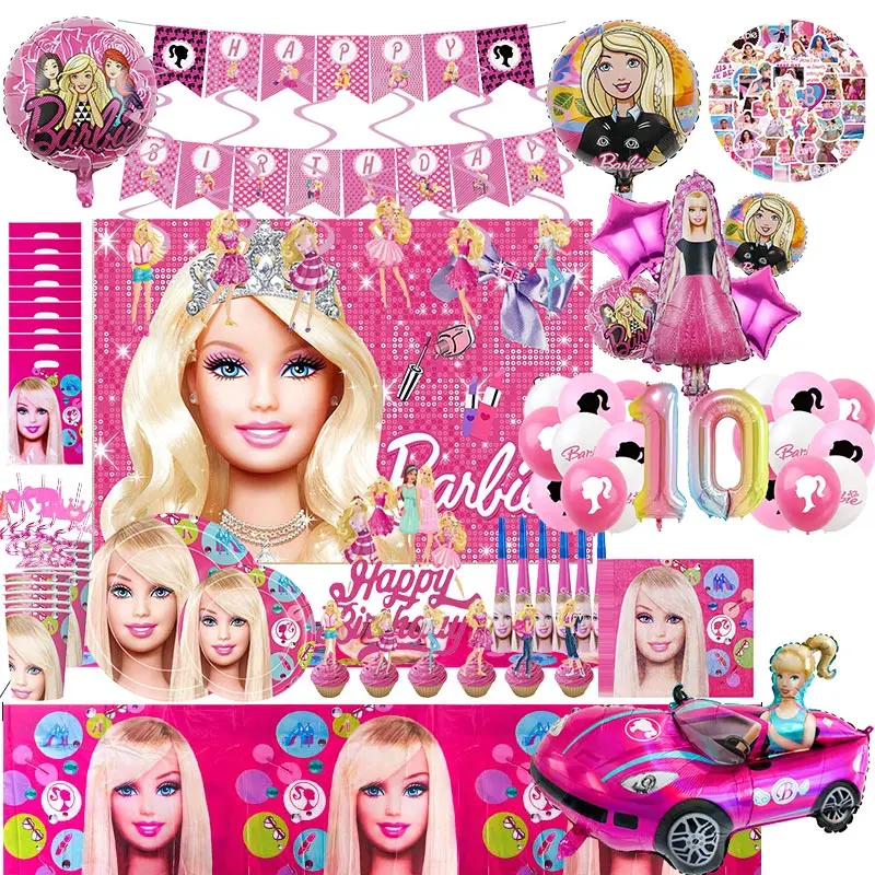 Barbie Decorazioni Per Feste Di Compleanno Happy Barbie Doll Princess Theme Stoviglie Forniture Per Feste Tazze Piatti Palloncini Per Bambini Ragazze