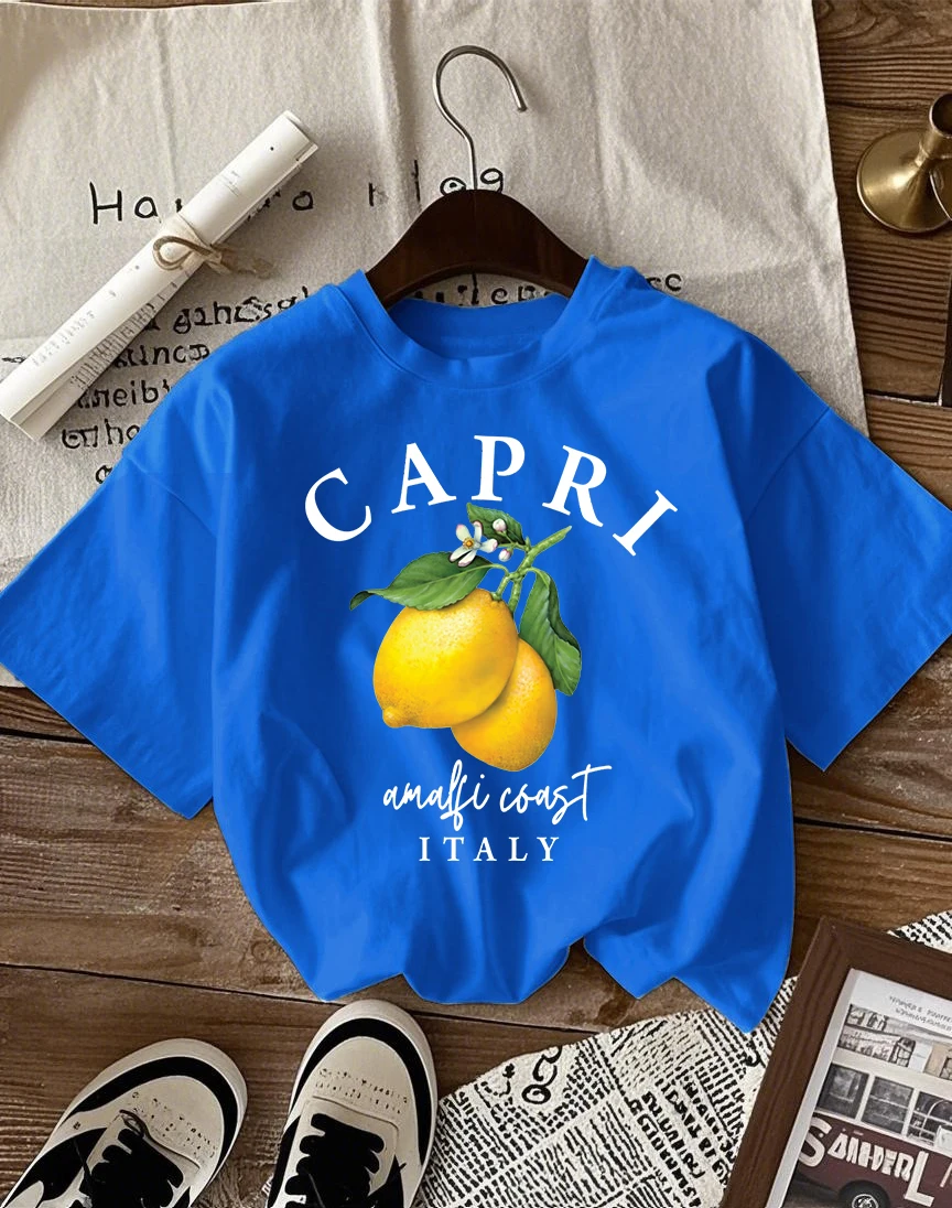 Italian Lemon Print Women's Cotton T-Shirt - O-Neck Short Sleeve Trendy Loose Streetwear Summer Top