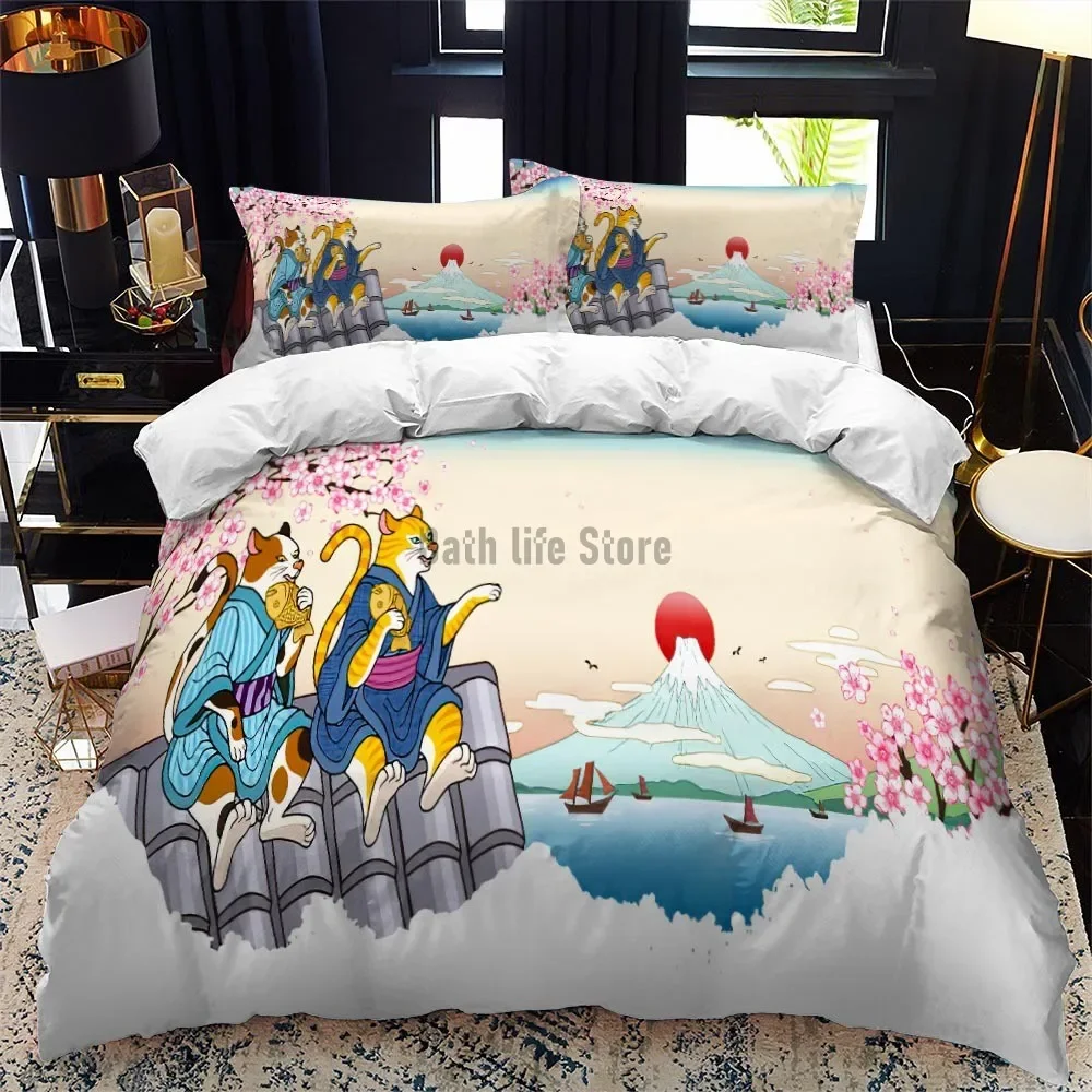 Bedding Set Japanese Painting Landscape Printed  For Kids Girl Luxury Bedding Set Duvet Cover Pillowcase Game Elements
