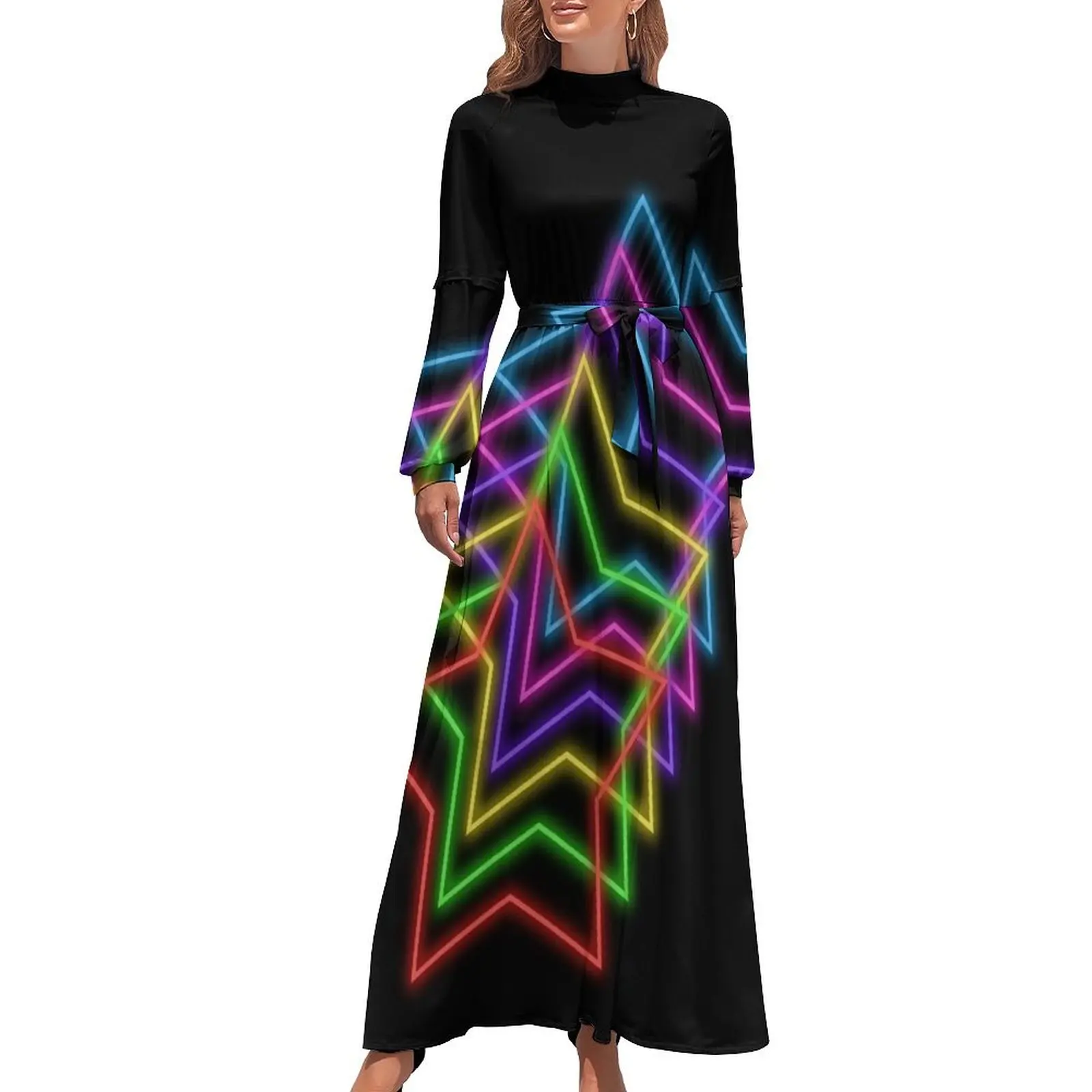 thumbnail image 1 of Vestido largo de verano con falda de mujer, versión de imagen única con estrellas brillantes de neón de los años 80, ropa de verano para mujer, 1 of 5