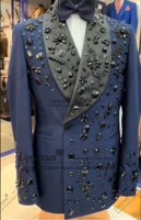 Handsome Beaded Crystals Men Suits 2 Pieces Set Male Prom Blazers Groom Wedding Tuxedos Double Breasted Customized Costume Homme 1