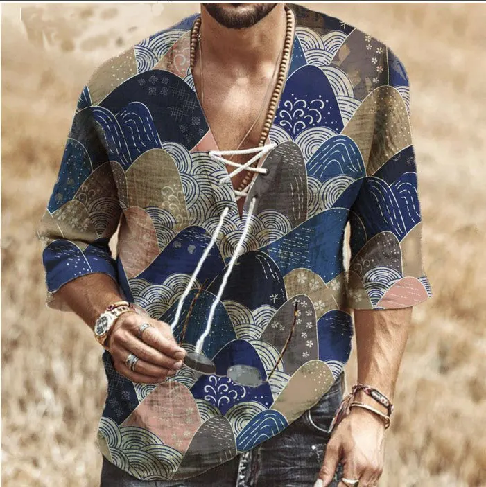 Men Clothes European American New Men's Chest Lace-up Short-sleeved Printed Shirt Casual V-Neck Mens Dress Shirts