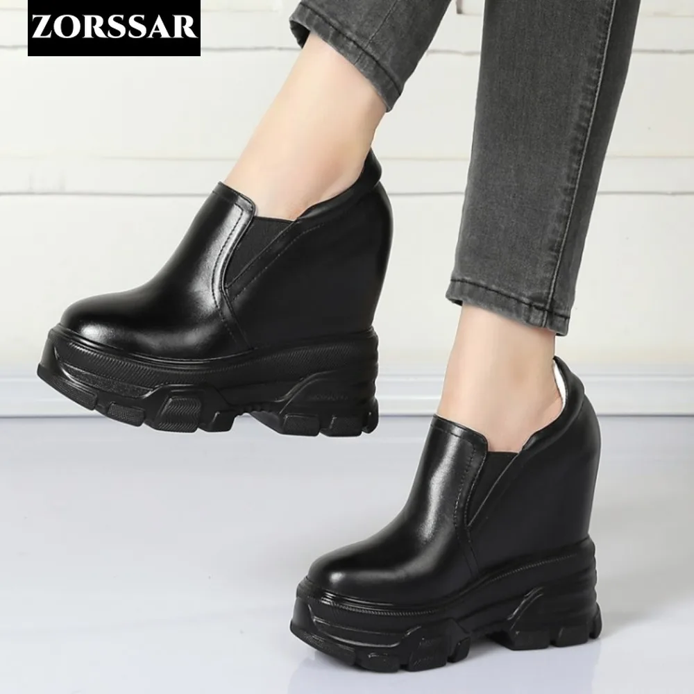 

14cm Heels Genuine Leather Platform Wedge Chunky Sneaker Hidden Heels Casual Breathable Spring Autumn High Brand Vulcanize Shoes