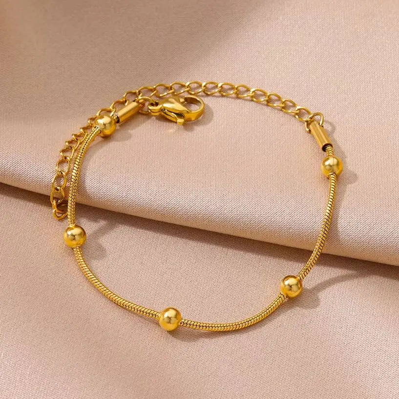 Stainless Steel Beaded Round Snake Chain Bracelets For Women