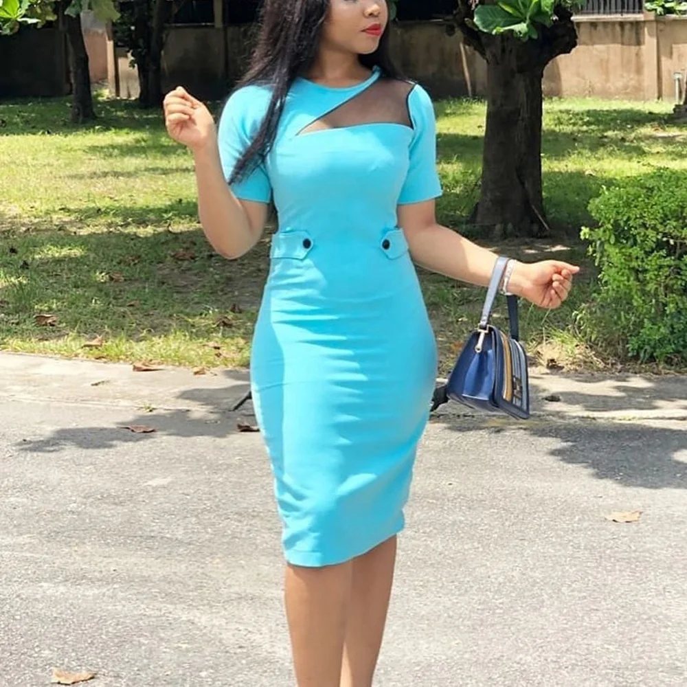 

Elegant Office Ladies Dresses Blue Black Short Sleeve High Waisted Bodycon Mid Calf Fashion Business Work Office Dress Midi New