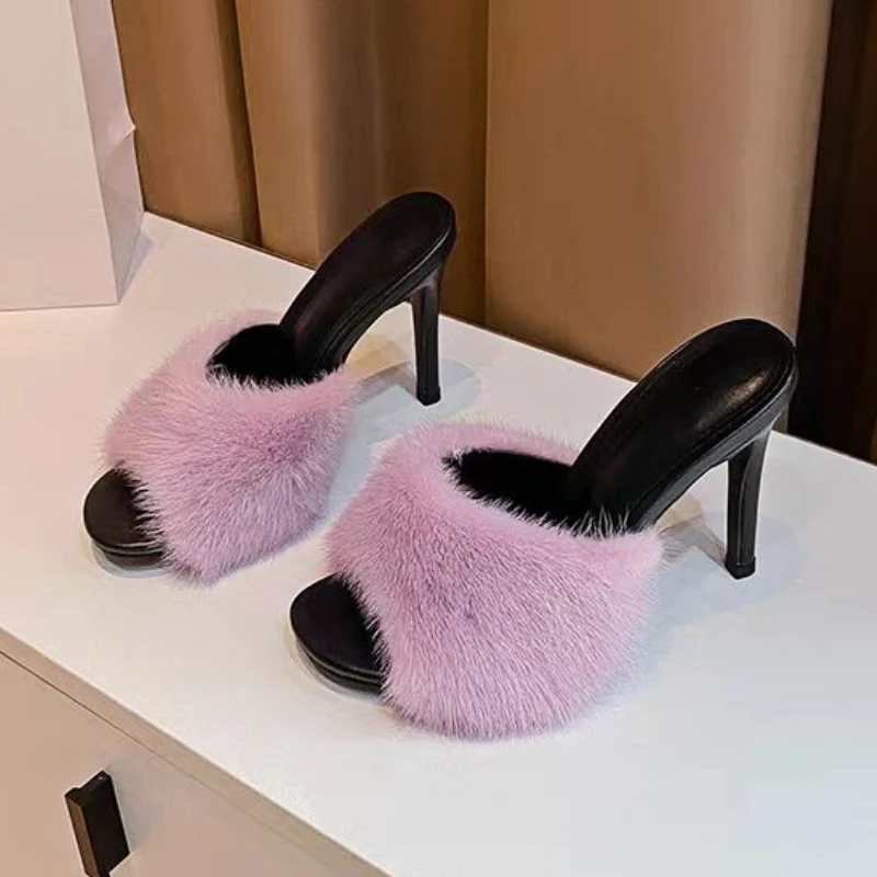 

2024 Summer New Fashion True Mink Fur Slippers Europe and America Sexy High Heels Banquet Party Sandals Big Size Shoes 43 45