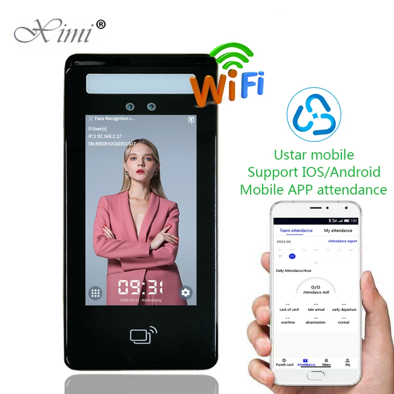 Multi-language uface5 WIFI AI Biometric Face RFID Card Recognition Phone APP Time Attendance And Access Control Machine System