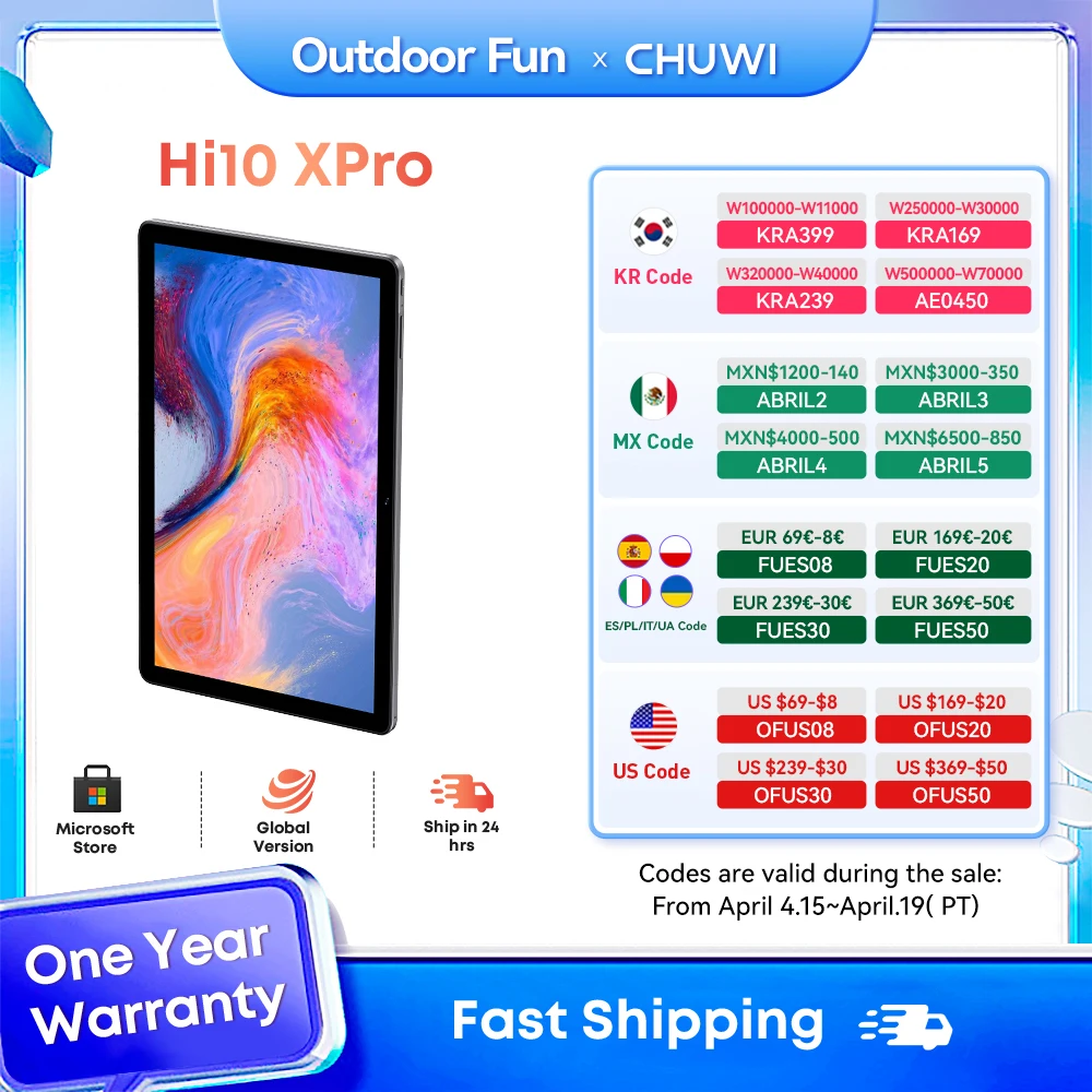 

CHUWI Hi10 XPro Tablet 10.1'' FHD IPS Screen 4GB+4GB RAM 128GB ROM Unisoc T606 Octa Core 7000mAh Battery 4G LTE Android 13 Pad