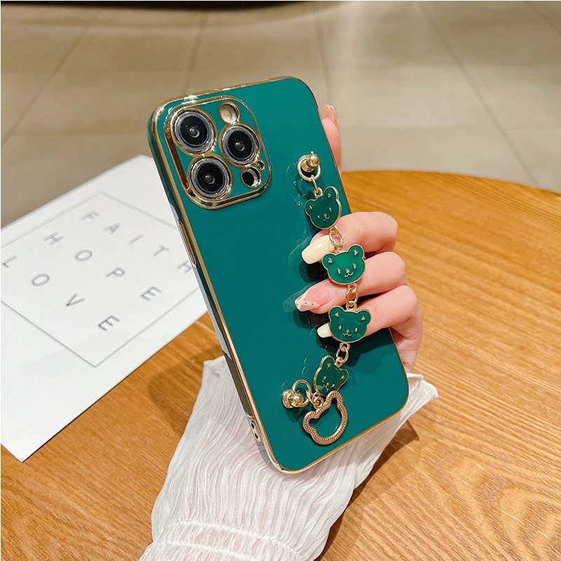 Coque de téléphone plaquée avec support de Bracelet ours, étui avec chaîne de poignet pour Xiaomi Note 11 8 12 10 Pro Max 8T 11s 7 Redmi 9 9A 9T 9C_voghion.com