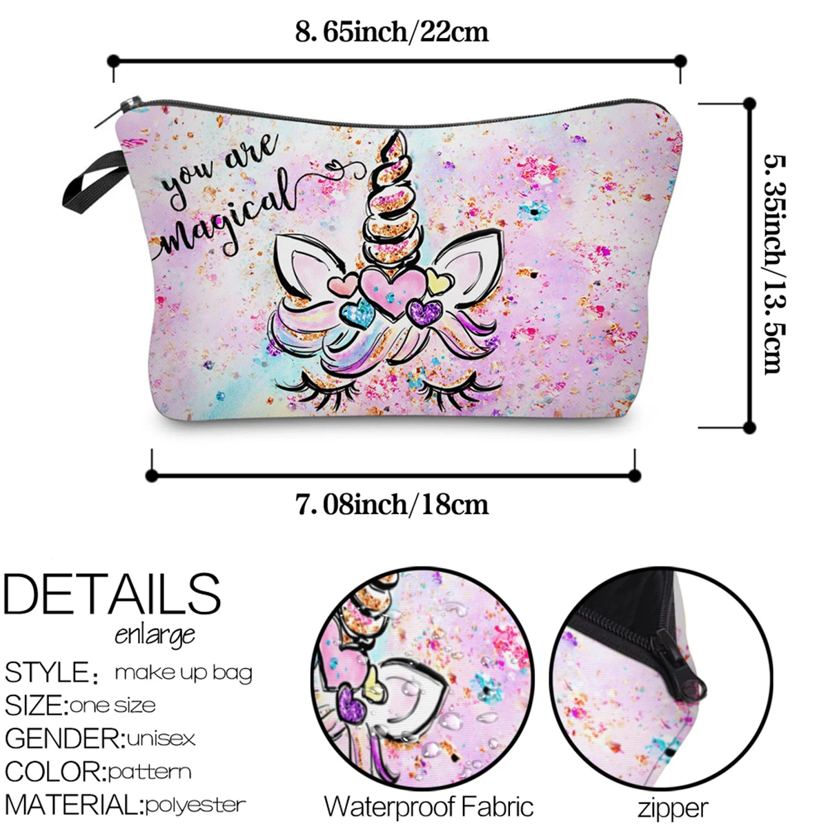 Cartoon Unicorn Print Makeup Bag, Toiletry Pouch Adorable Roomy Travel Water Resistant Cosmetic Bag Accessories Organizer Holida 6