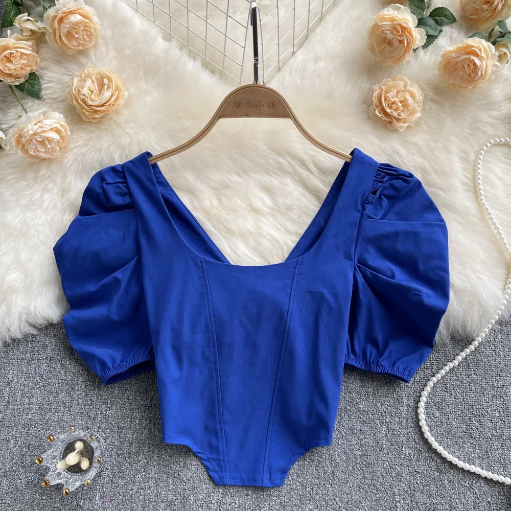 

Square collar exposed collarbone slim irregular bubble sleeve short style feminine fashion Chiffon Shirts