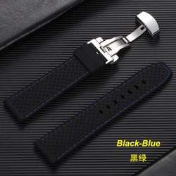 Premium Silicone Waterproof Watch Band with Butterfly Buckle, Breathable and Soft Rubber Replacement Strap - 22mm (Black - Blue)