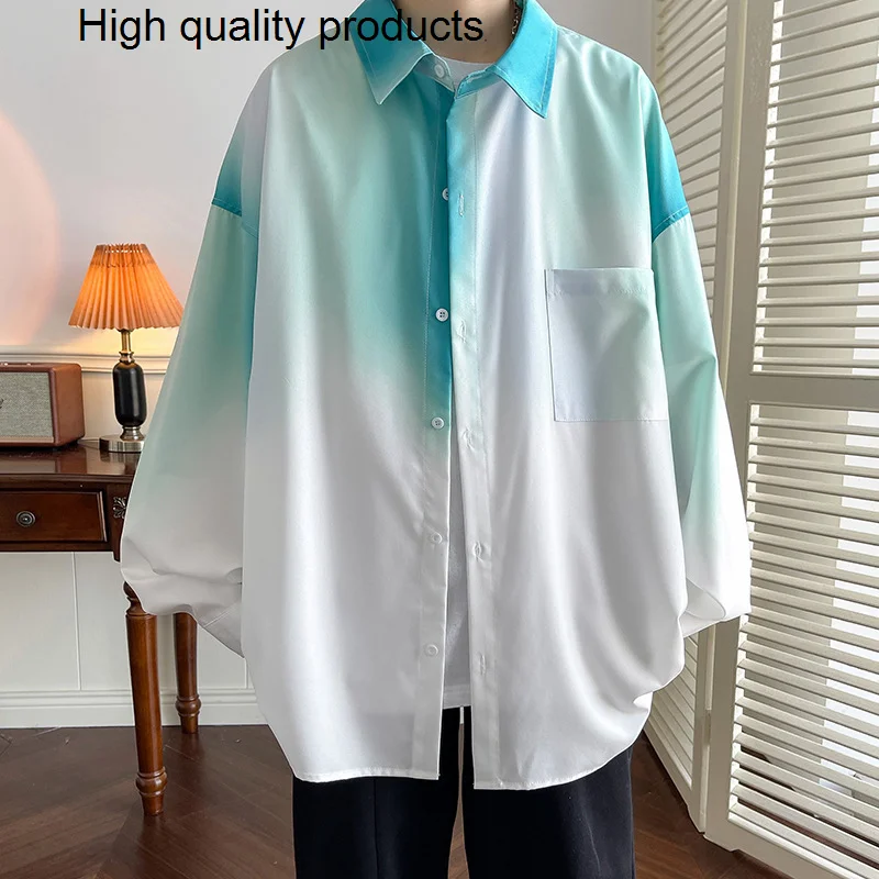 

New Fashion Full Sleeve Shirts Men Casual Loose Baggy Big Size Tops Streetwear Tie Dyed Gradient Shirt Couples Print Clothing