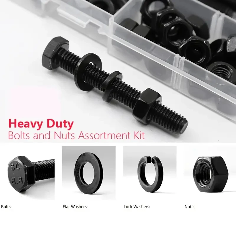 Hex Head Bolts and Nuts Kit 224 M6 M8 M10 Heavy Duty Flat Washer and Non-slip Washer Combination