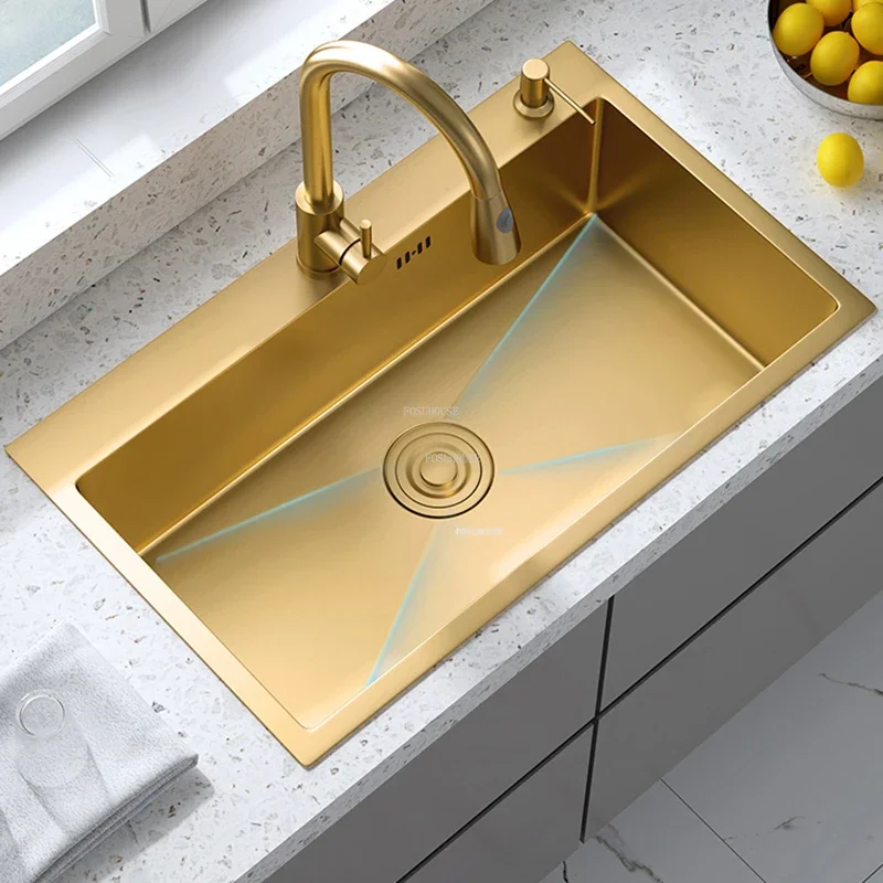 Gold Stainless Steel Kitchen Sinks Modern Home Kitchen Accessories Light Luxury Handmade Single-slot Under-counter Basin