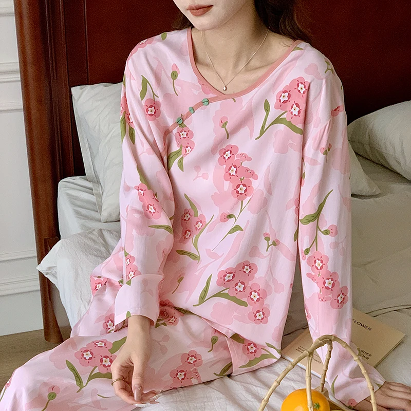 Mode Pyjamas Für Frauen Frühling Herbst Baumwolle Hause Kleidung Chinesischen Stil Zwei-stück Set Langarm Hose Pyjamas Femme anzug – Detail 9
