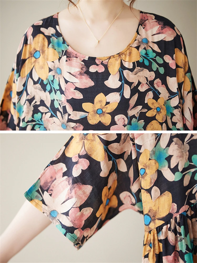 Oversize Summer Cotton Short Sleeve Print Dresses For Women Vintage Casual Loose Long Dress Femme Robe Vestidos Elegant Clothing