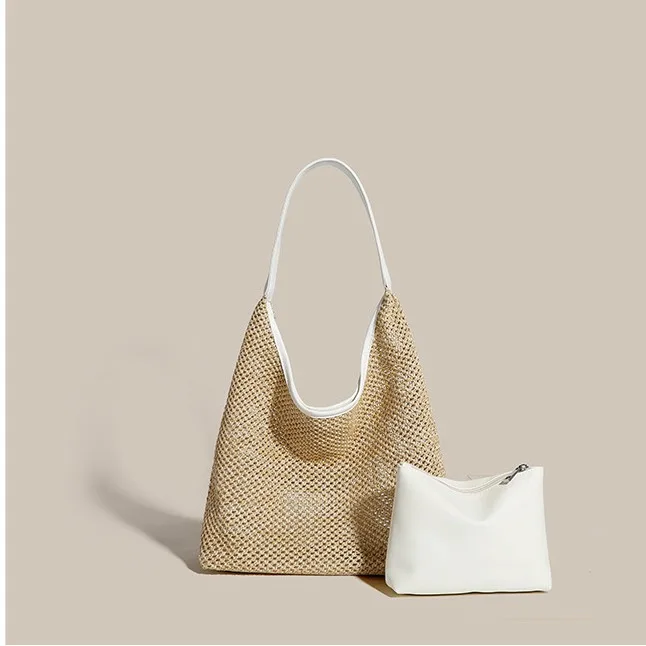 Straw Tote Bag for Women Large Capacity Beach Summer Bag Magnetic Closure Woven Shoulder Bag with PU Purse for Vacation Travel