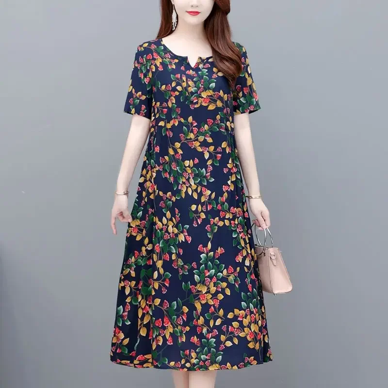 

Fashion Vintage Broken Flowers Midi Dress Short Sleeve Women's Clothing A-Line Folds Casual V-Neck Commute Loose Dresses CY428