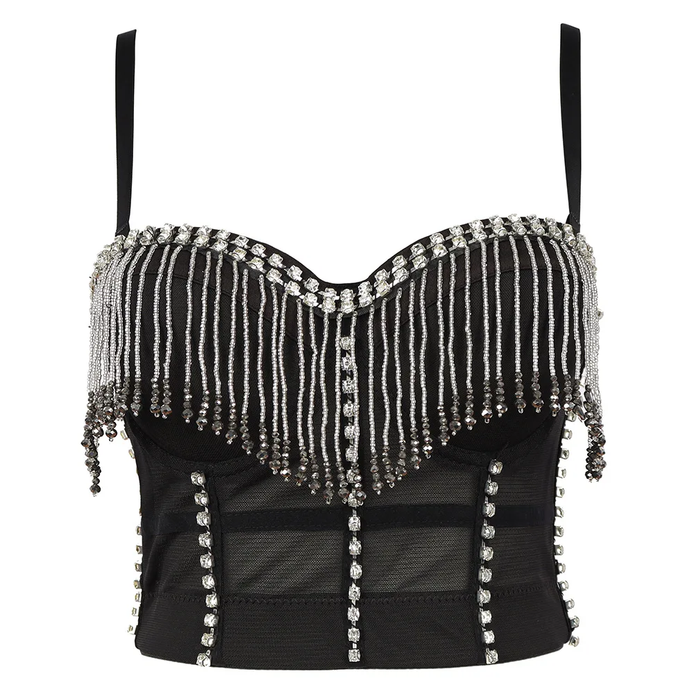

Fashion Tassel Diamonds Women Bra Black Green Evening Club Disco Corset Birthday Belly Dance Stage Costumes Womens Short Tops
