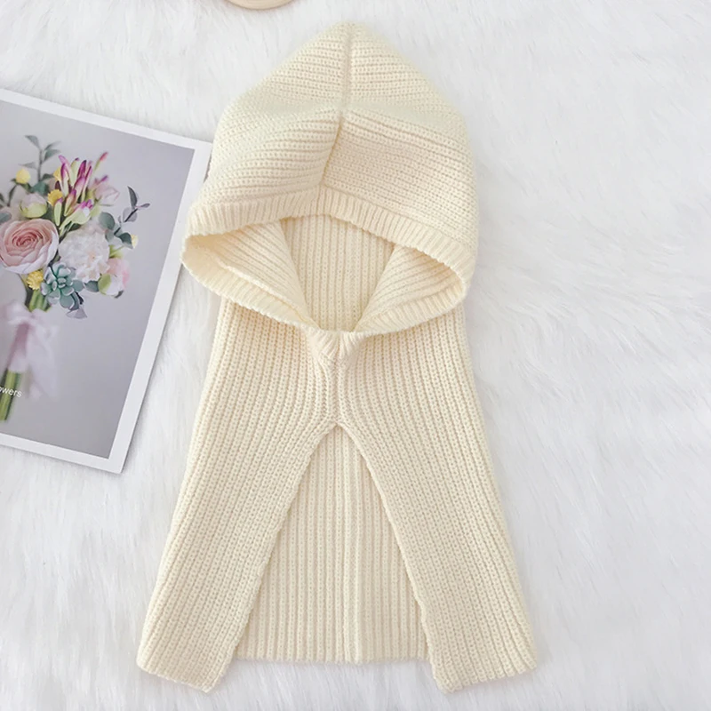 

2023 Winter Fashion Solid Knitted Scarf Hood Cap For Women Girl Warm Neck Collar Shawl Windproof Skullies Beanies Hat