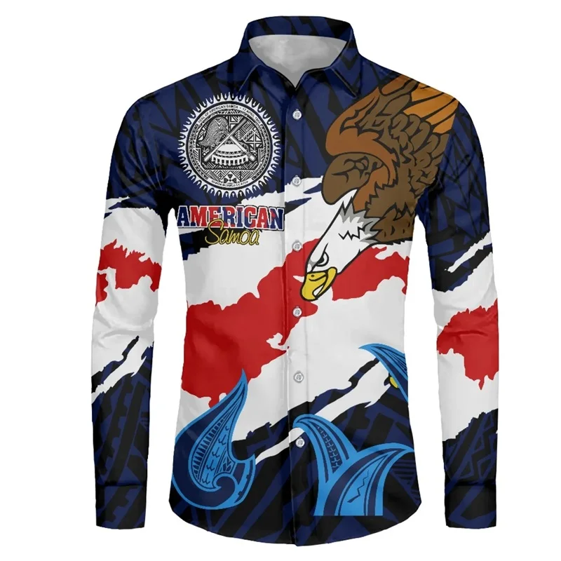 thumbnail image 1 of Camisas hawaianas con estampado 3D de tribu polinesia, camisas casuales de manga larga con cuello alto, blusa con botones para hombre, ropa de otoño, 1 of 5