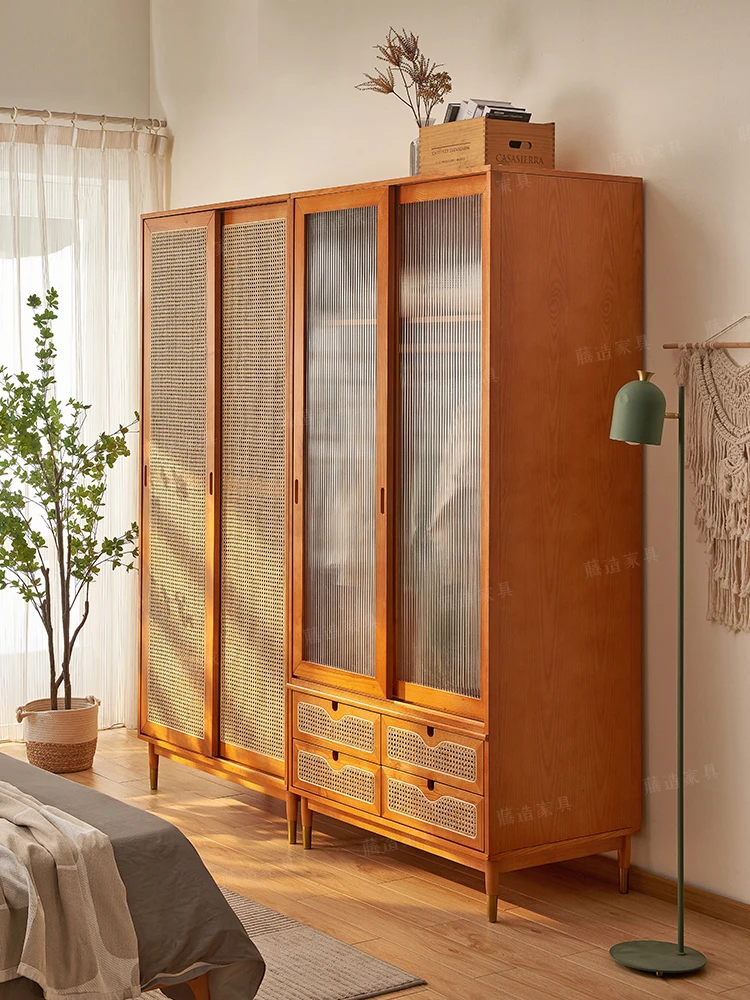 Armoire en rotin tissé rétro japonais, armoire, chambre à coucher, ménage,  bois massif, porte marketen verre, armoire à manteaux, rangement au sol