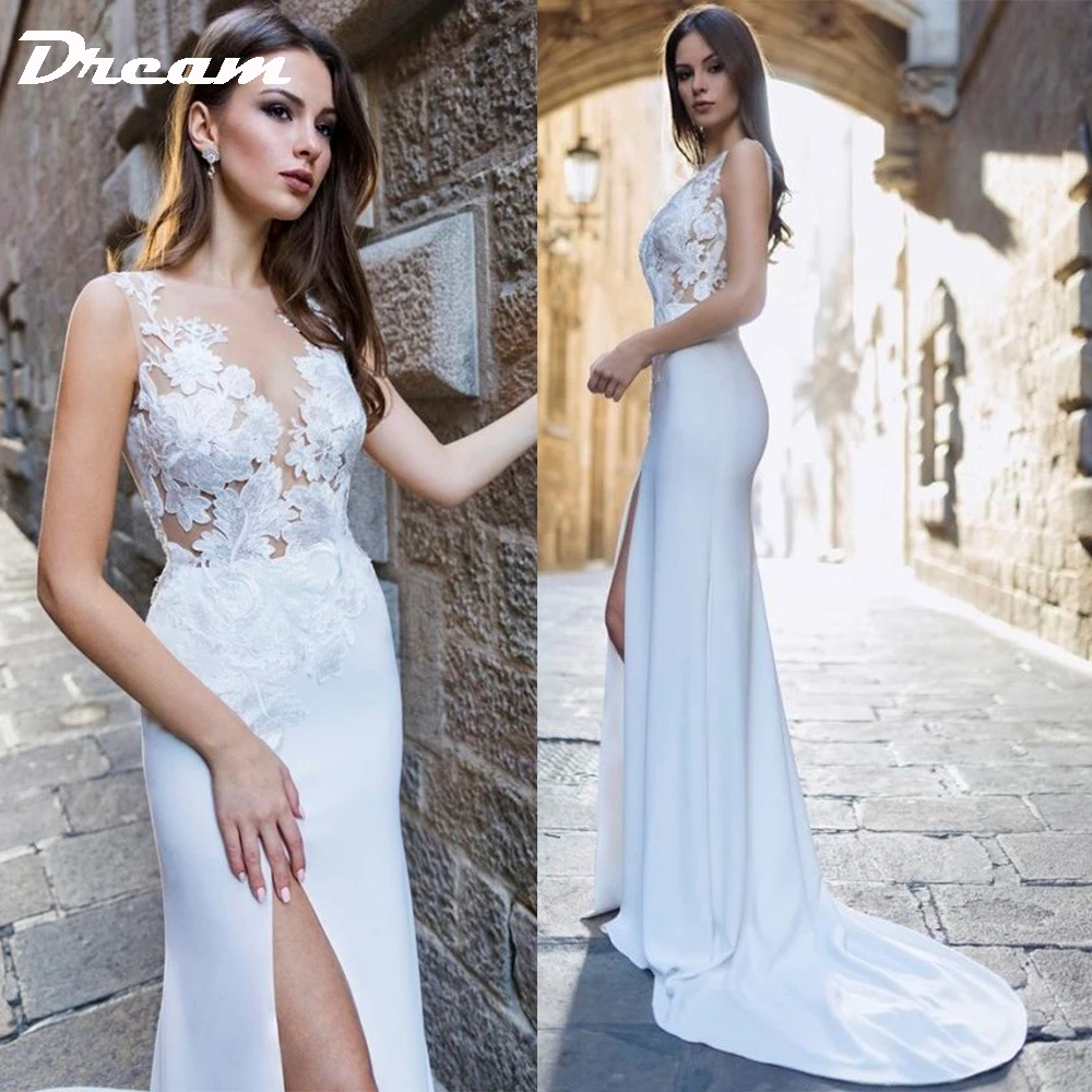 

DREAM Lace Appliques Sleeveless Sweep Train Mermaid Wedding Dress High Slit Sweetheart Boho Bridal Gowns Summer 2022