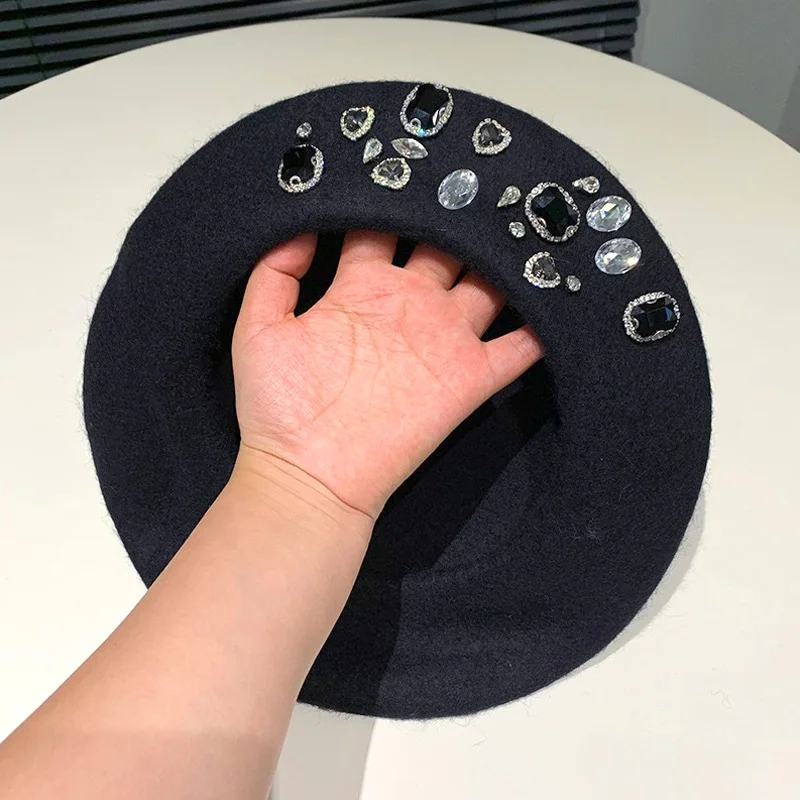 Hot Sale Beret Lady Thick Rhinestone Brimless Thermal Decor Wool Artist French Style Painter Hat Women Headwear_vogarts.com