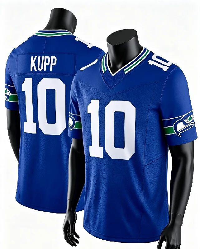 Männer Seattle # 10 Kupp Navy Heimtrikot mit Name und Nummer, V-Ausschnitt, Kurzarm, atmungsaktiv, für Sportfans, Alltagskleidung, Familien-Set