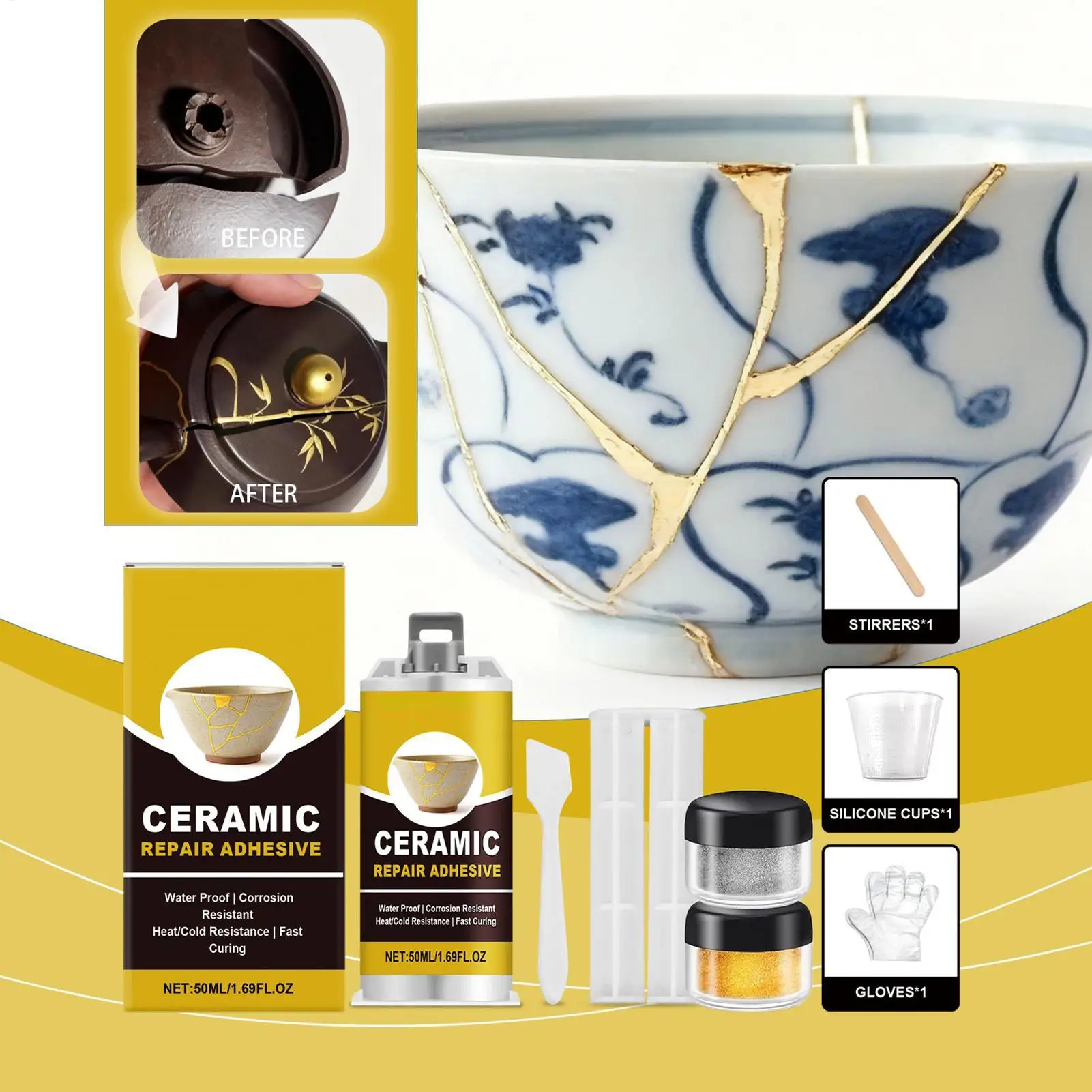 Ceramic Repair Kits Pottery Gold Repair Kit Adhesive Food Safe For Bathtub Vanity Plate Art Craft Figurines Sculptures
