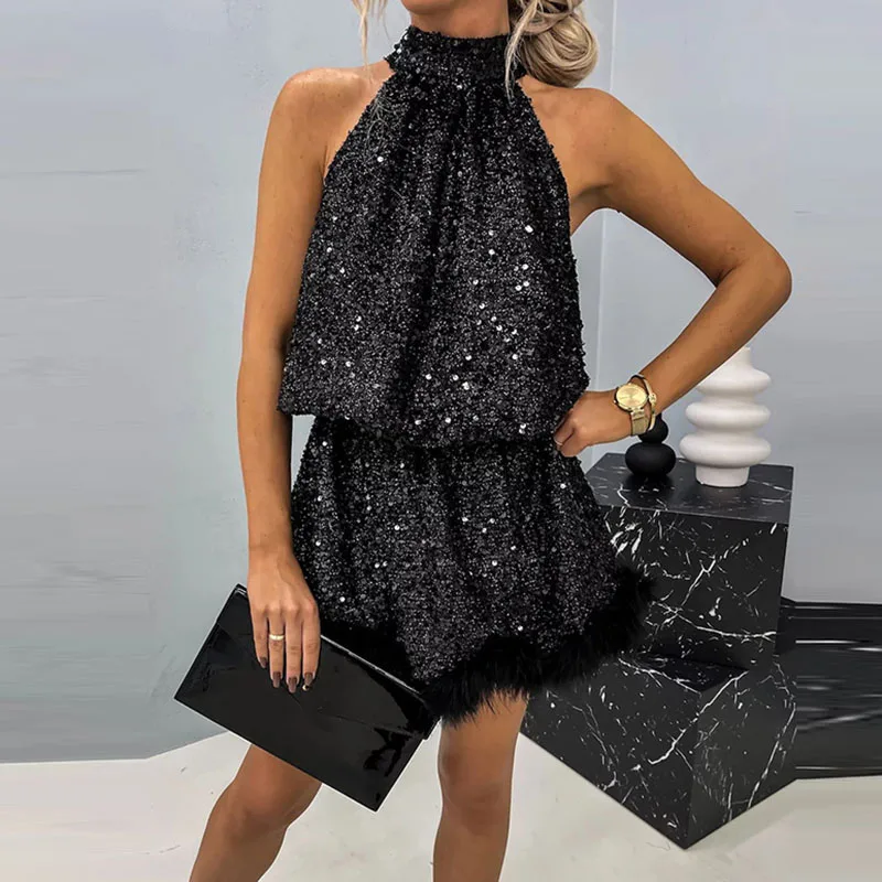 

Elegant Halter Lace-up Sequin Glitter Dress Female Sleeveless A-Line Party Dress Fashion Feather Patchwork Banquet Mini Dresses