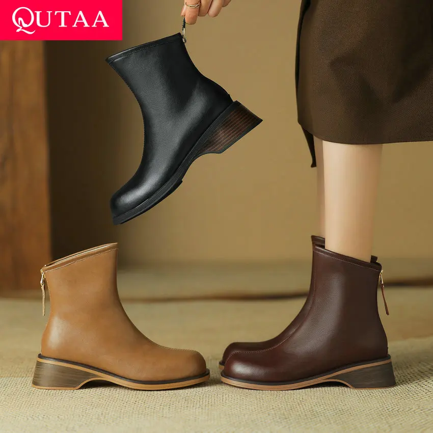 

QUTAA 2024 Women Genuine Leather Ankle Boots Autumn Winter Med Heel Casual Lady Shoes Woman Stretch Short Boots Size 34-49