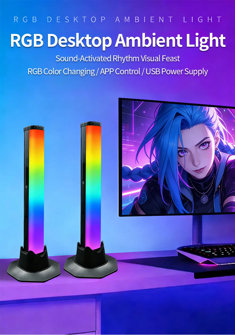 Smart RGB LED Desktop Strip Light USB Powered – App & Remote Control, Sound Reactive Music Sync Ambient Light for Bedroom, Living Room & Gaming Setup