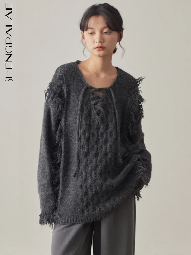 

SHENGPALAE Lace Up V-neck Sweater For Women Tassel Design Solid Color Loose Thicken Knit Pullover Winter 2023 New Trendy 5R8202