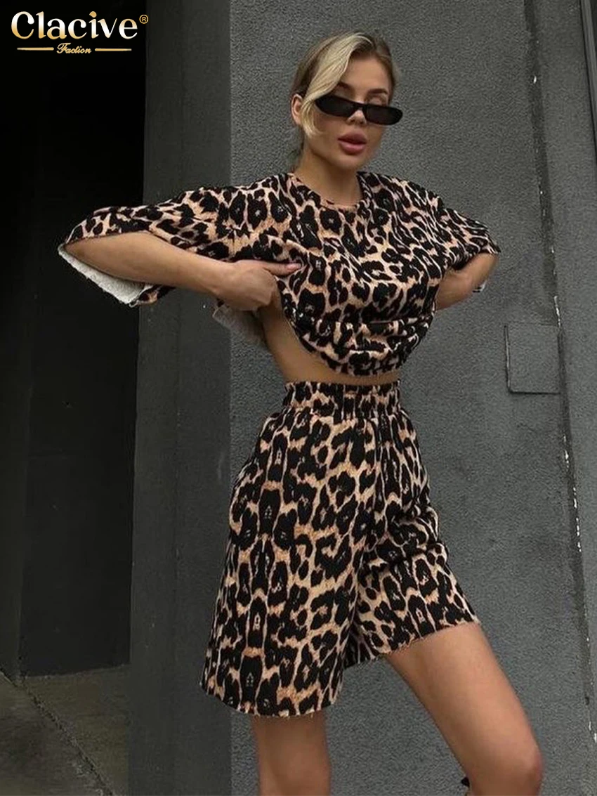 Clacive Fashion Loose Leopard Print 2 Piece Sets Women Outfit Summer Short Sleeve Shirt With High Waist Shorts Set Streetwear
