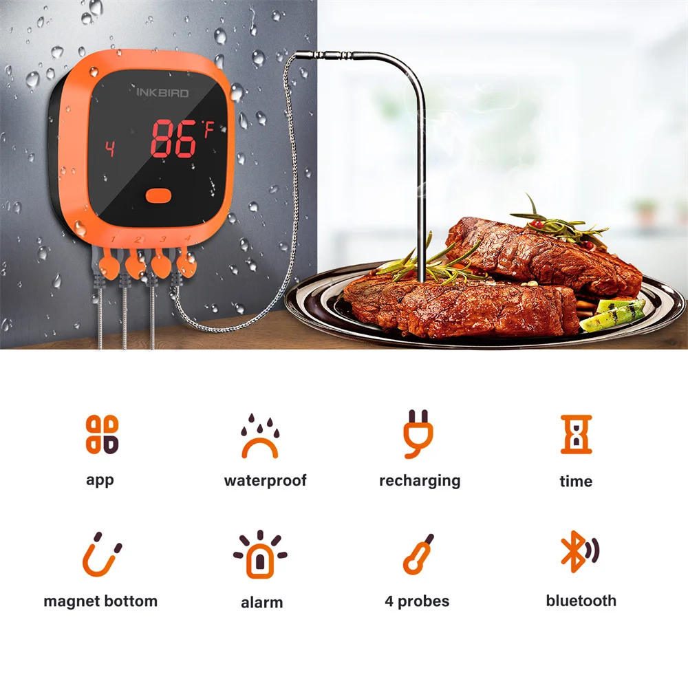 Inkbird 防水 150 FT Bluetooth Meat Thermometer IBT-4XC with Magnet, Timer,  Alarm and Probes, BBQ Grill Digital Wireless Meat Thermometer for C 通販 