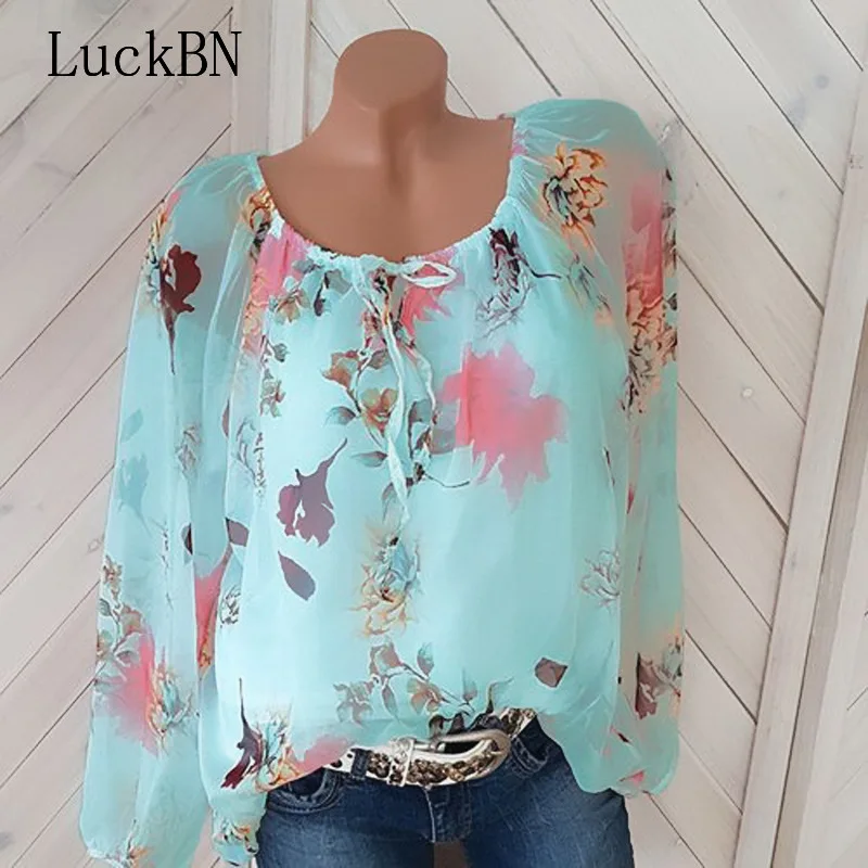 

Блузка женская шифоновая с длинным рукавом и принтом, большого размера