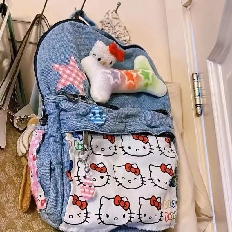 MBTI Y2k Hello Kitty Womens Backpack Original Denim Vintage Patchwork Sweet Harajuku Casual Backpacks Female New Aesthetic Bags