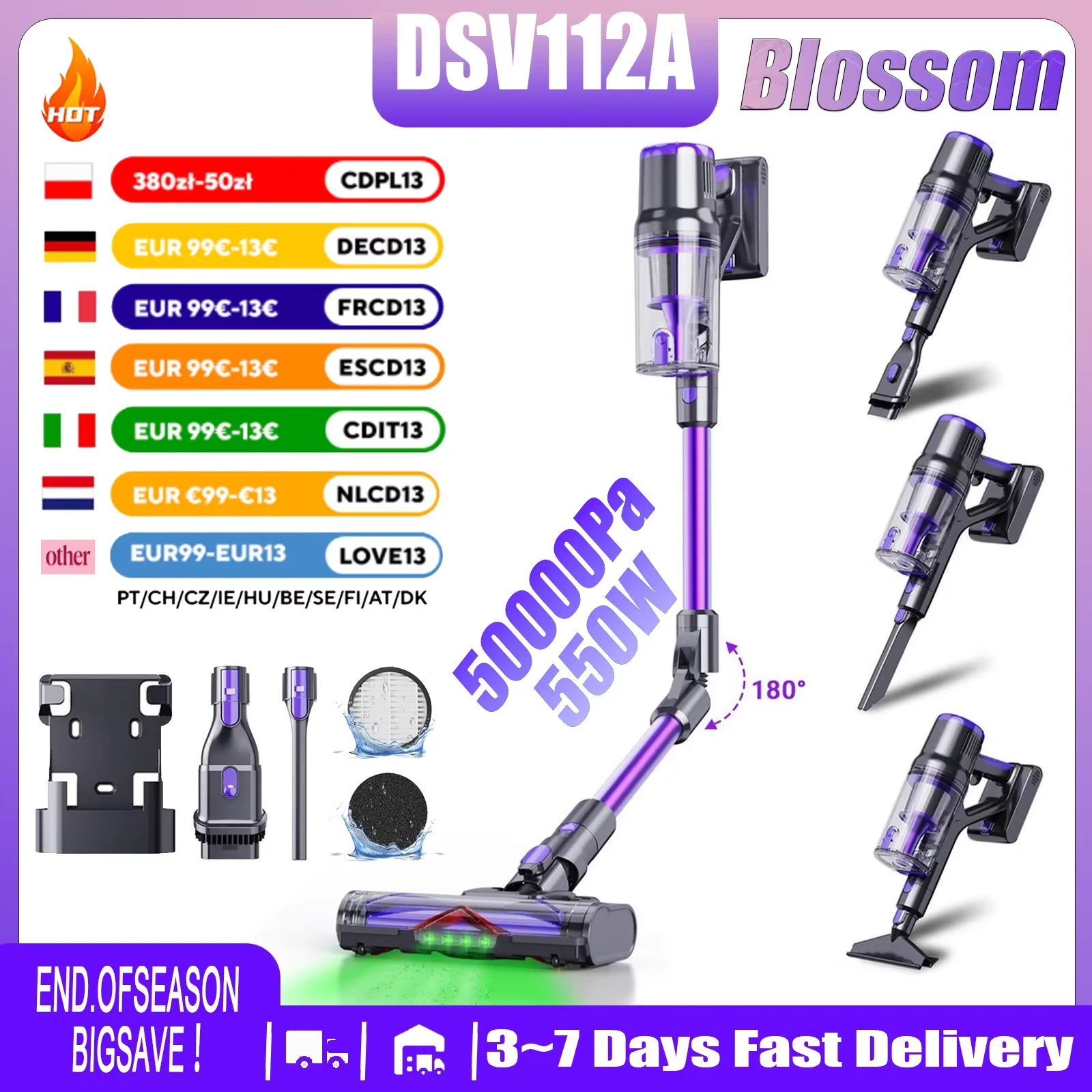 Aspirateur balai sans fil Blossom DSV112A 50000Pa 550W, tube pliable à 180°, écran tactile, autonomie 55 min, brosse anti-emmêlement, filtration HEPA, éclairage LED, aspirateur pour poils d’animaux sols durs tapis 1 Aspirateur balai sans fil Blossom DSV112A 50000Pa 550W, tube pliable à 180°, écran tactile, autonomie 55 min, brosse anti-emmêlement, filtration HEPA, éclairage LED, aspirateur pour poils d’animaux sols durs tapis 1