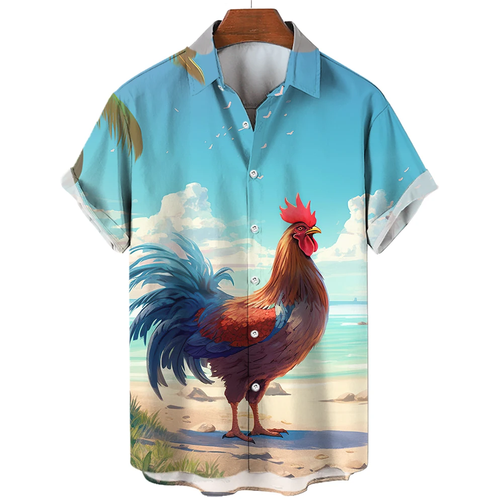 

Men's Beach Chicken Printed Elegant Short Sleeved Summer Hawaiian Shirt Social Y2k Harajuku Oversized Tops Daily Casual Clothing