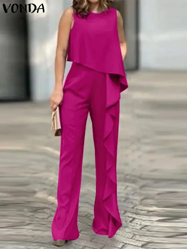 

Women Pant Sets 2023 VONDA Sexy Matching Sets Summer Sleeveless Asymmetrical Tops and Long Ruffled Pants Casual Suits 2pcs